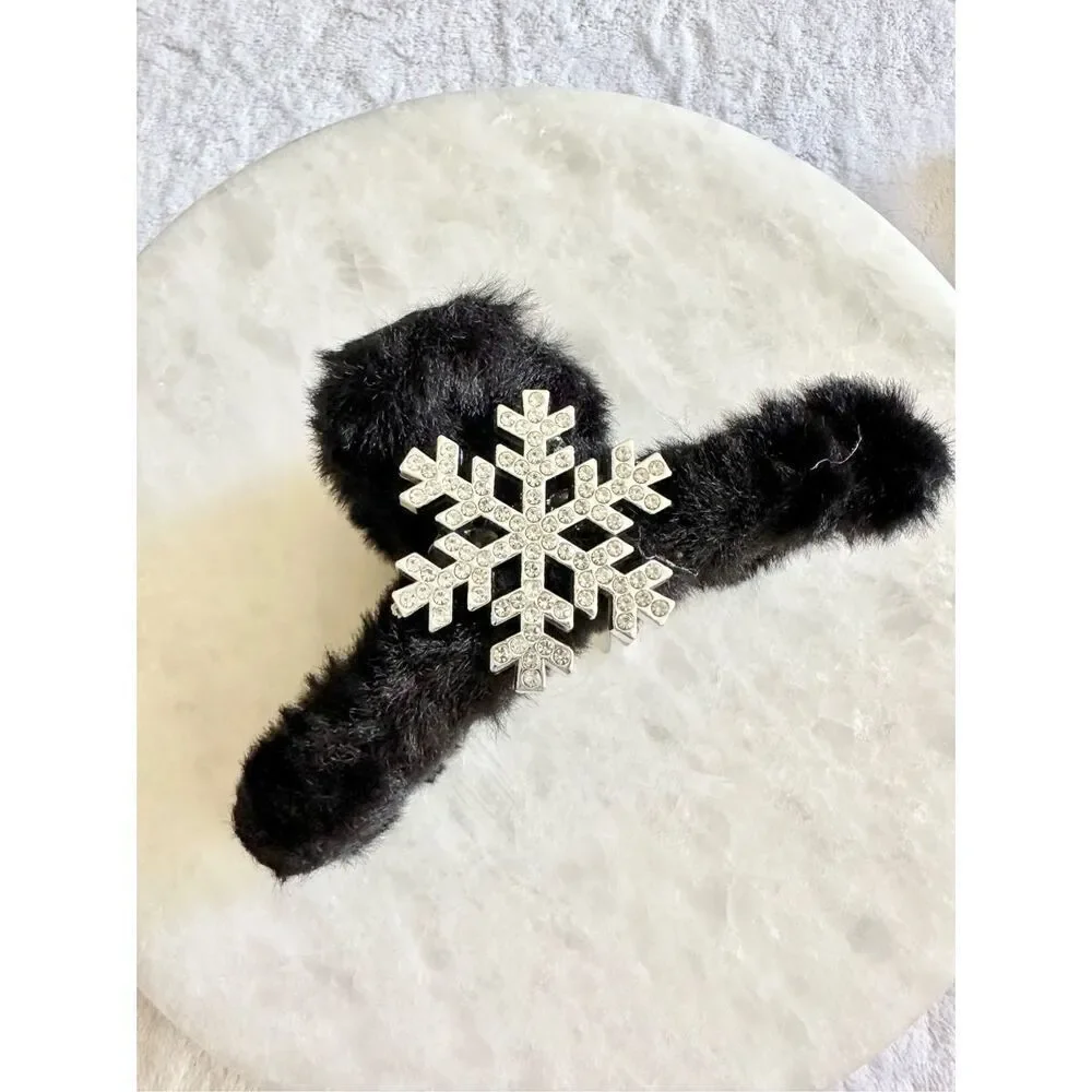 Black and silver fuzzy rhinestone sparkly snowflake hair claw